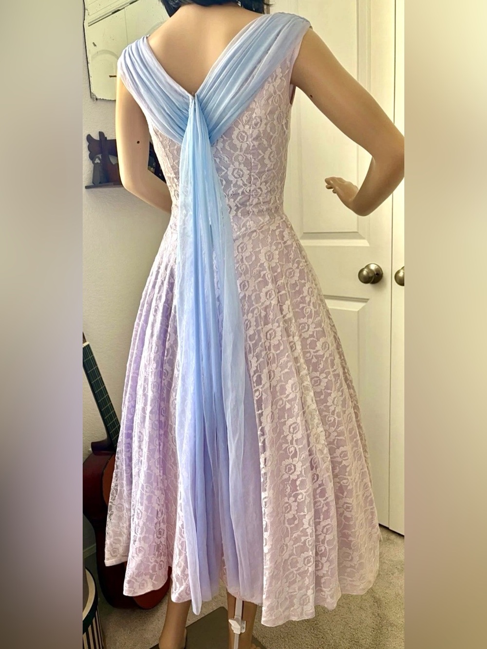 1950s Lavender Lace FULL Party Dress Light Blue Nylon Chiffon Trim & Train XS